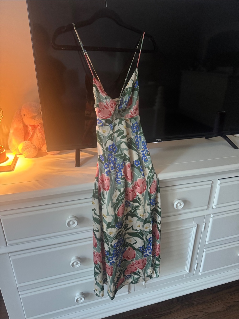 Sage Cream Floral Slip Dress with Pink & Blue Blooms